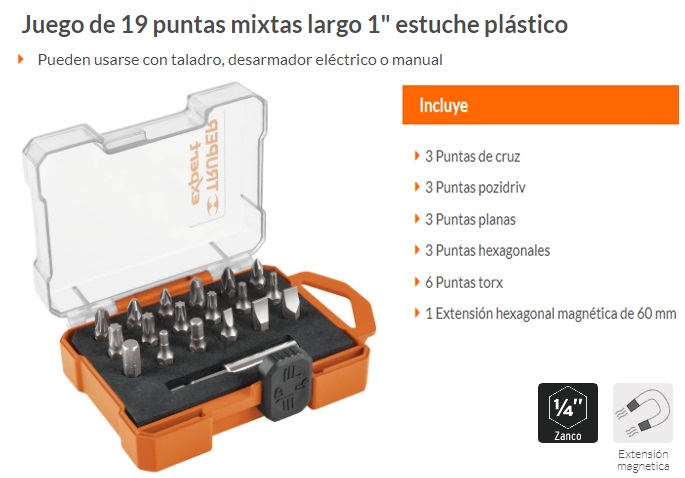 Juego de 100 puntas mixtas largo 1 en estuche plástico, Puntas