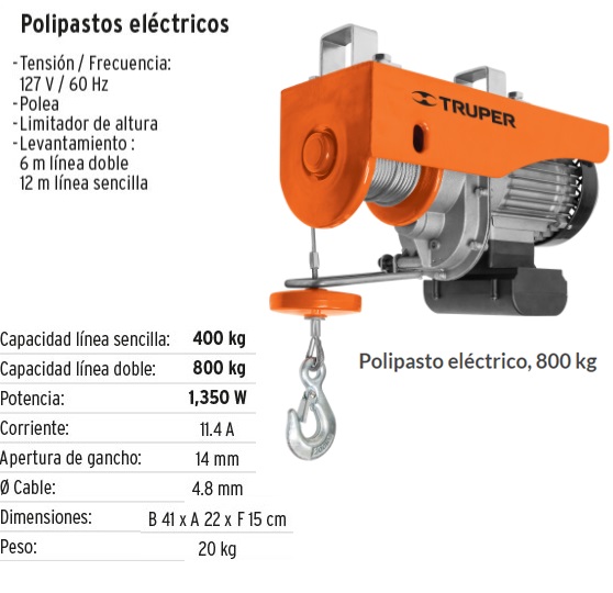 Polipasto eléctrico de 400 kg, Truper, Polipastos Eléctricos, 16845