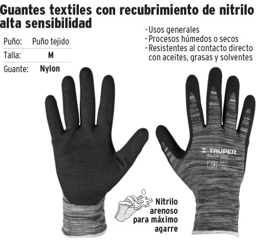 Guantes textiles con recubrimiento de nitrilo, alta sensibilidad