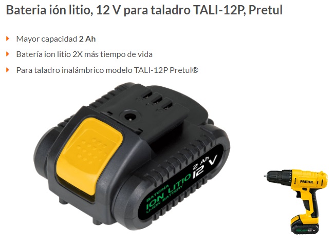 Batería ion litio, 12 V para taladro TALI-12P, Pretul