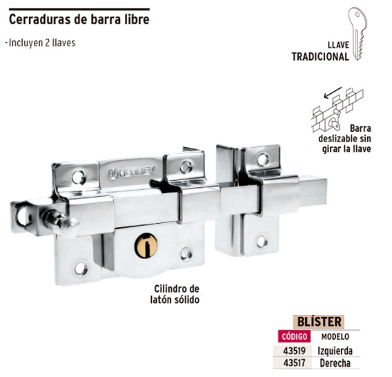 Cerradura de sobreponer 2 barras instala-fácil, llave puntos, Cerraduras De  Sobreponer, 43484